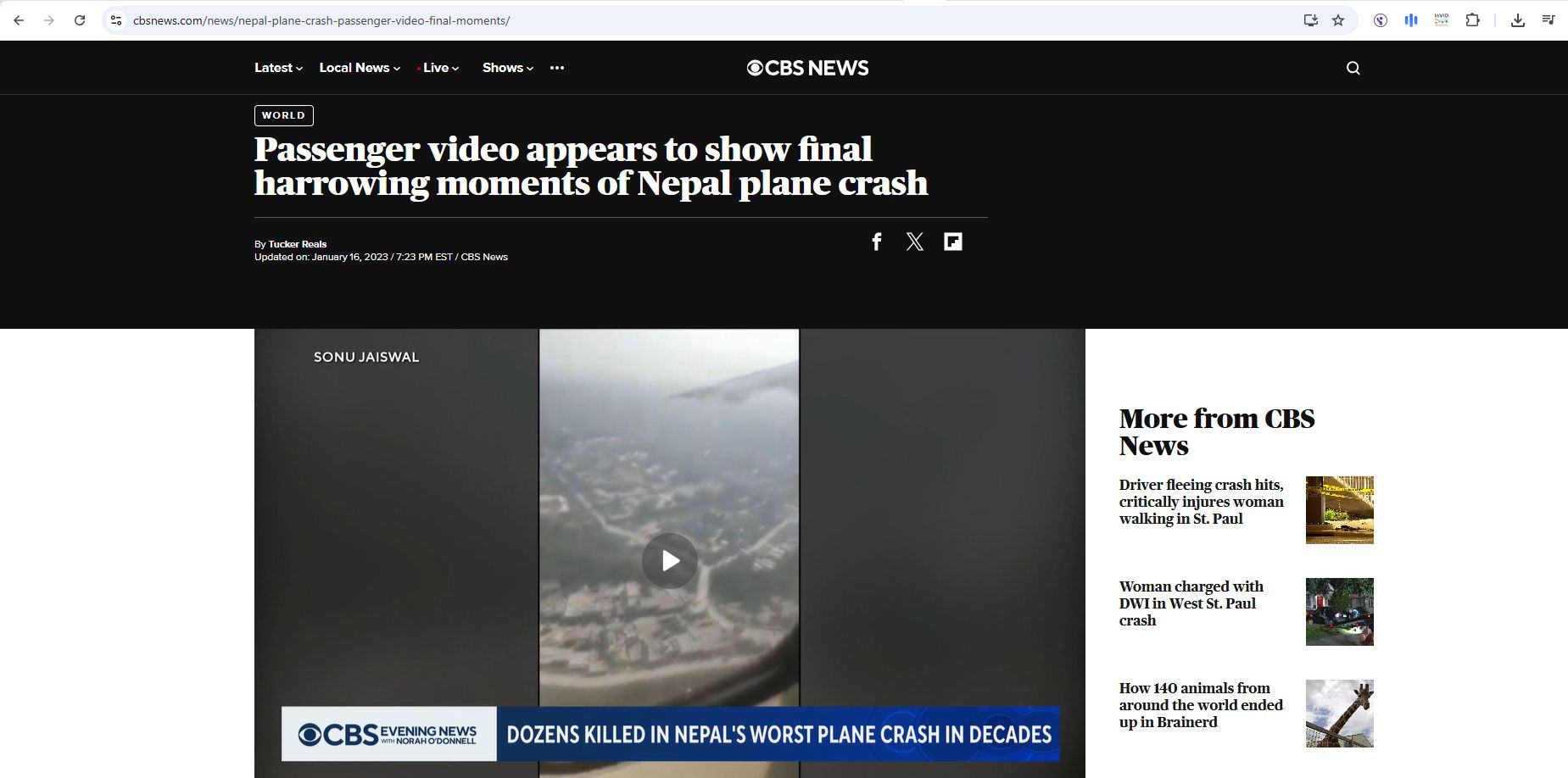 لقطة من الفيديو المنشور في موقع CBS News في 16 كانون الثاني 2023