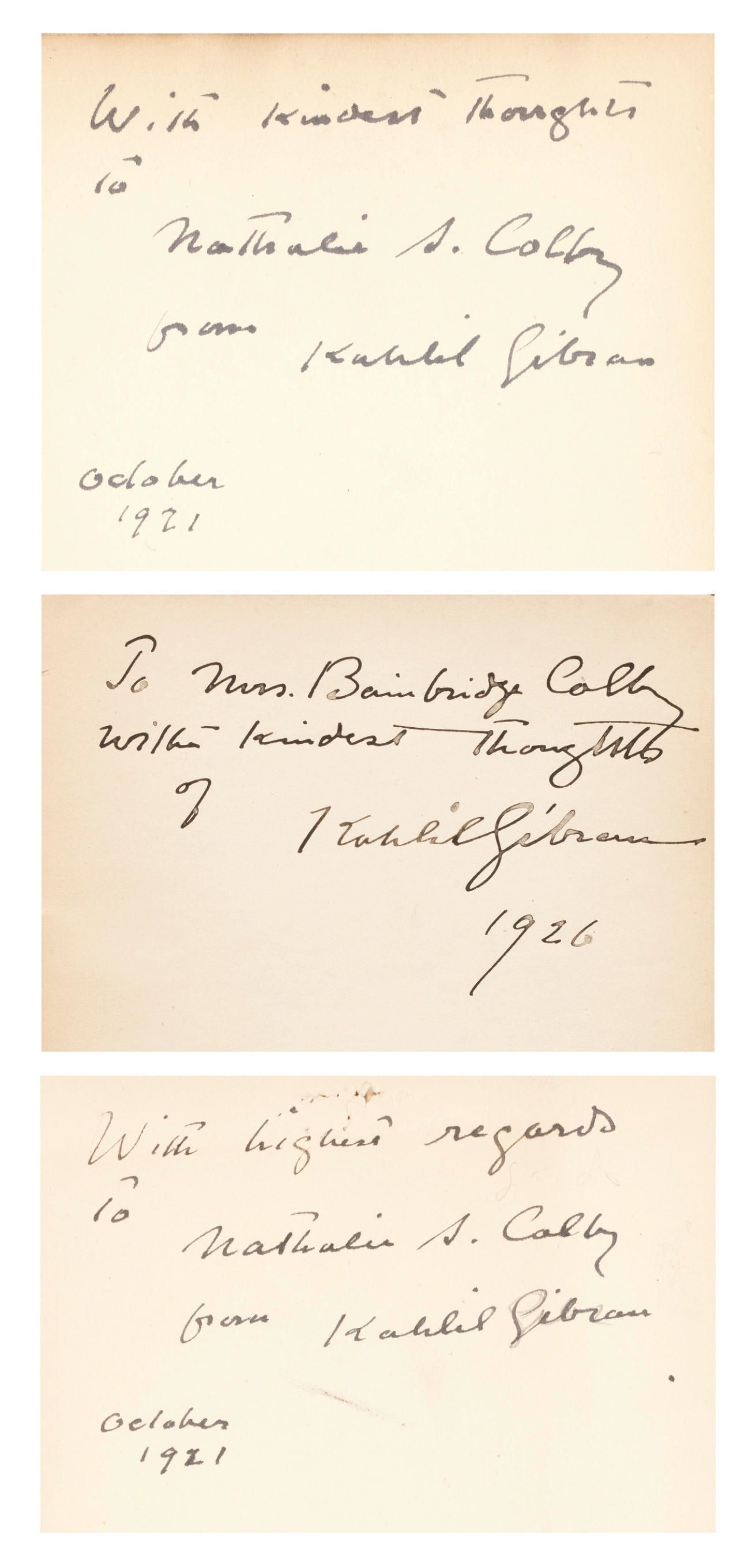 ثلاثة إِهداءَات من جبران بخطه إِلى ناتالي (1921 و1926)