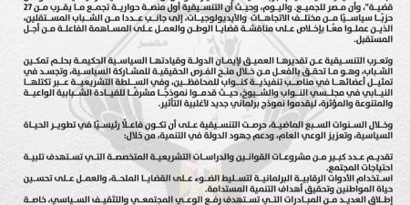 شاهد الان - «نموذجًا فريدًا في إدارة التنوع السياسي والفكري».. التنسيقية تحتفي بمرور ٧ سنوات على تأسيسها - تواصل نيوز