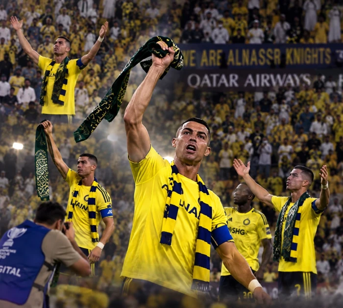 رونالدو يرفع علم المملكة ويقبّل شعار السيفين والنخلة أمام جماهير النصر في لقطات مثيرة